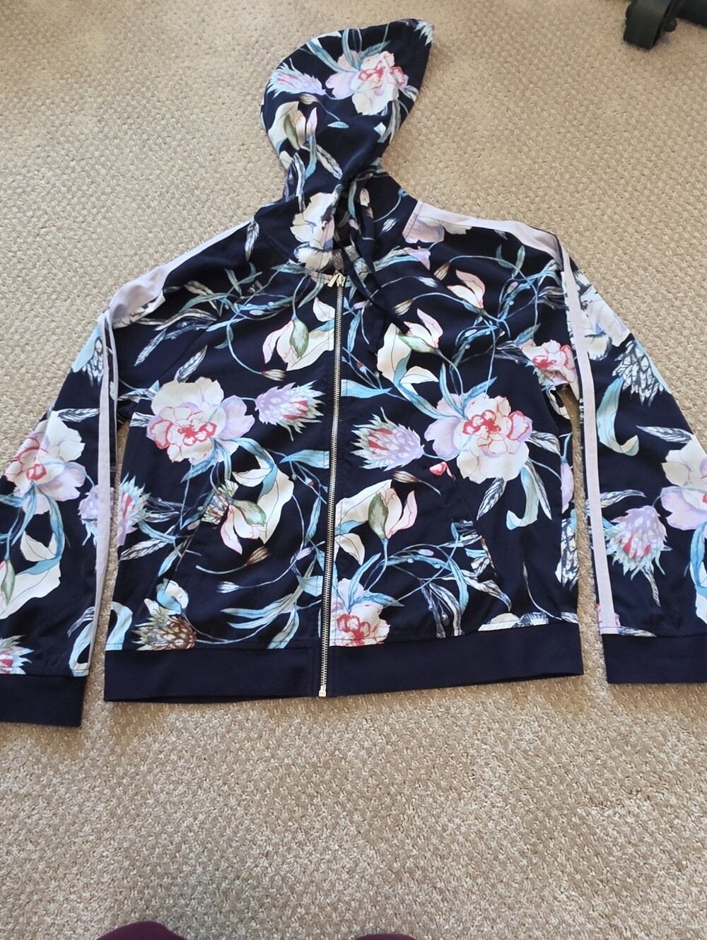 New York & Company Floral Zip Hoodie - Navy with Pink & Teal Accents